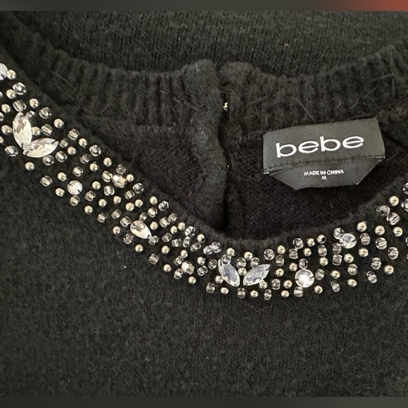 Bebe | Black Sweater with Embellished Jeweled Beaded Collar Neckline Size Medium - Picture 4 of 16